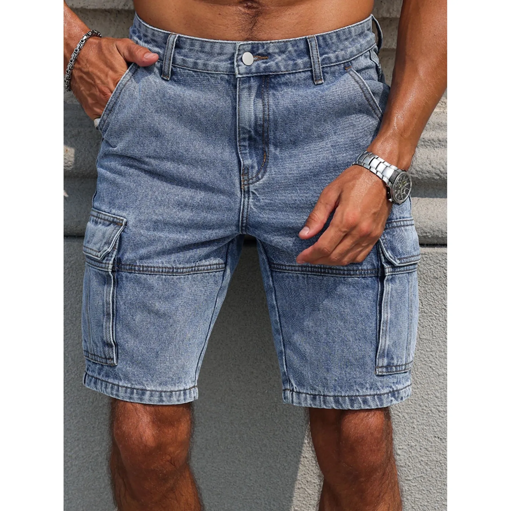 

Мужские летние синие джинсовые шорты стандартного кроя с множеством карманов, удобные, дышащие, модные шорты для теплой погоды
