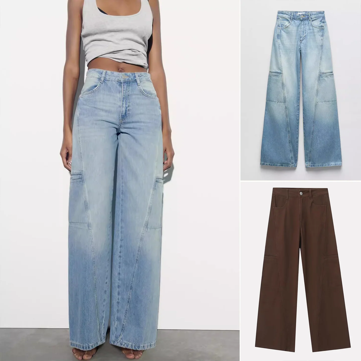 

Летняя женская рабочая одежда с эффектом талии, широкие джинсы прямого кроя с высокой талией, повседневные длинные джинсы на молнии