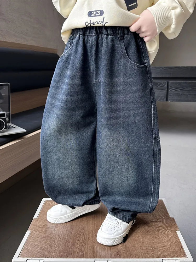 Spring&Autumn Fashion Boy Jeans Elastic Waist Teen Curved-knife Pants Classic Blue Kids Denim Pants Children Loose Trousers 2-11 5