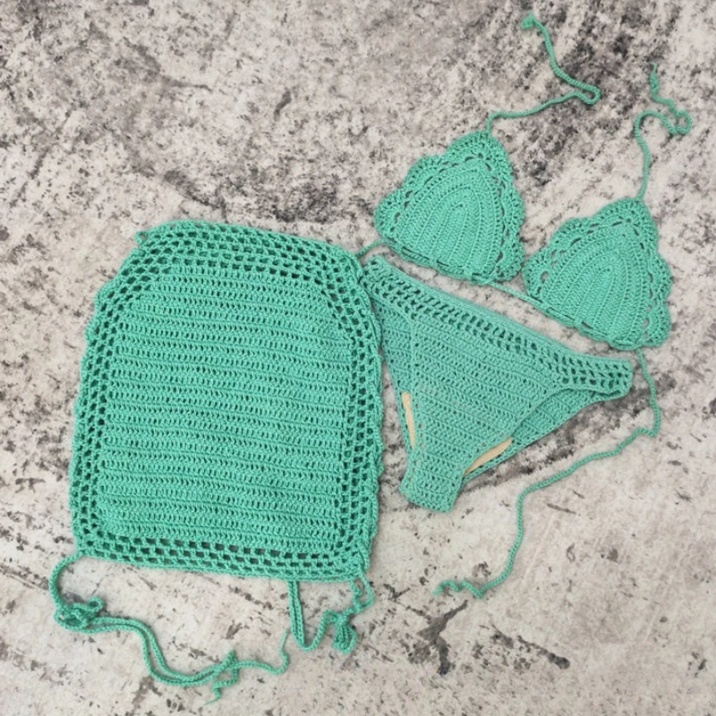 

Fashion Swimsuit Women 3 Piece Sets Knitted Triangle Bikinis Hollow Out Lace Up Skirts Cover Up 2025 New Sexy Bikini Swimwear
