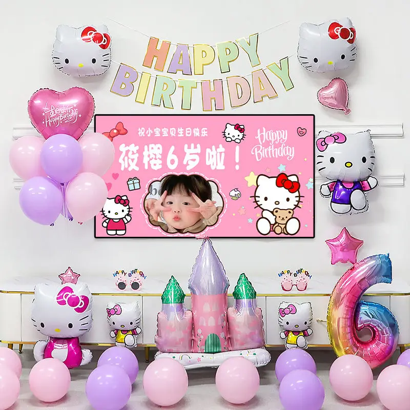 Hellokittys Theme Party Decoration Set, Balão de Feliz Aniversário, Suprimentos Divertidos, Decoração Colorida Kt Cat, Presente para Meninas e Crianças