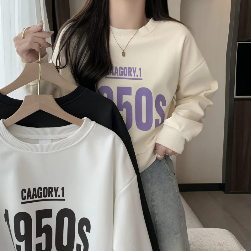 

Women Beige Sweatshirt Printing Vintage Long Sleeve Korean Fashion Baggy Casual Y2K Style Autumn 2023 Female Short Pullover Tops