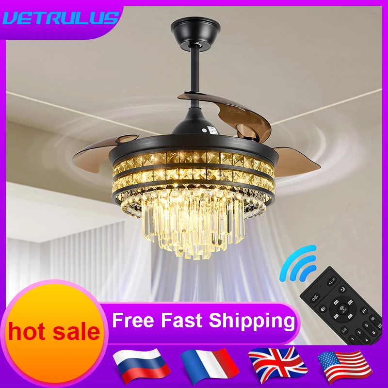 inteligente rc lampada ventilador de teto luz led modern home decor cristal preto lustre sala de estar sala de jantar indoor fixture 01