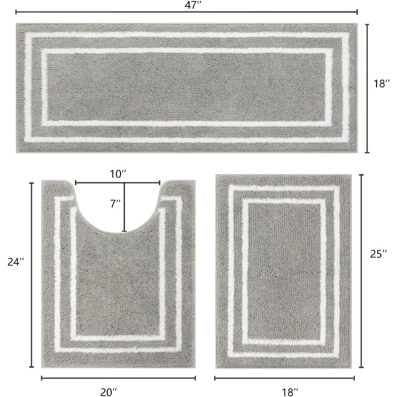 

Bathroom Rug Set, 3 Piece Gray Bath Rug Non Slip Machine Washable, Soft Shaggy Microfiber Absorbent Bath Mat with U Shaped