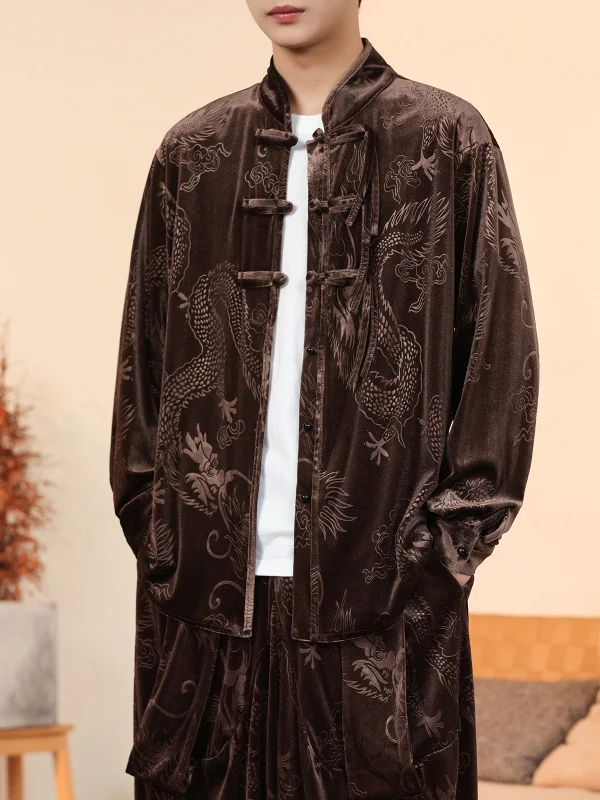 

Loose Fit Men's Tai Chi orm Velvet Fabric Stand Collar Button up Chinese Sle Jaet Youth ular Spring Autumn Wear