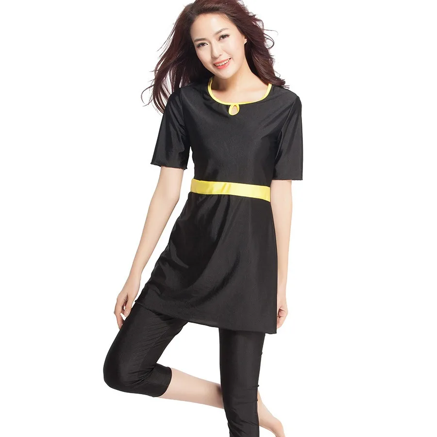 Summer Muslim Swimwear for Women 2 Set with Chest Pad No Steel Ring Swimsuit Sportwear Black Clothing Highly Elastic