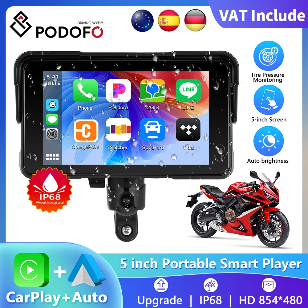 Podofo 5'' Motorrad Smart Player Carplay Android Auto Tragbarer Monitor IP68 Wasserdicht Navigation Moto DVR Fahrtenschreiber