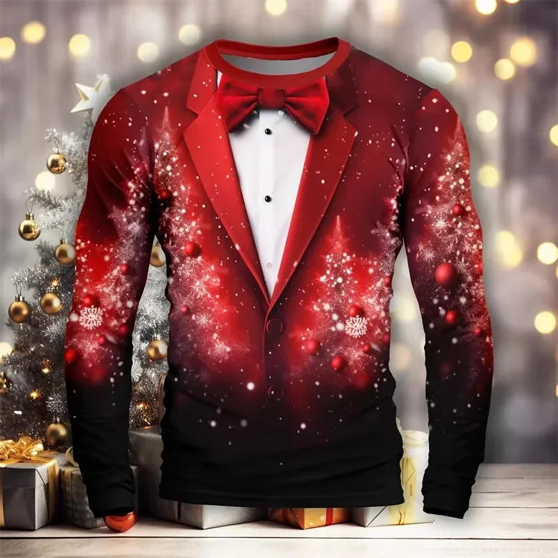 Mens Christmas 3D Suit Print Long Sleeve Crew Neck T-Shirts Funny Festive Holiday Party Soft Breathable Novelty Casual Top Pick