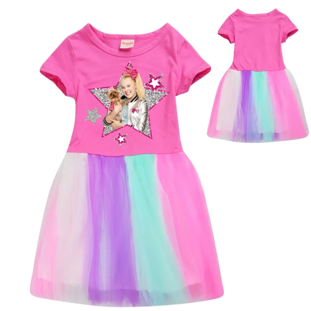 Cute JOJO Siwa A Kids Clothes Knee-Length Dresses Cute Cotton Gauze Full Dress Teenagers Cartoon Baby Girls Party Clothing image 3