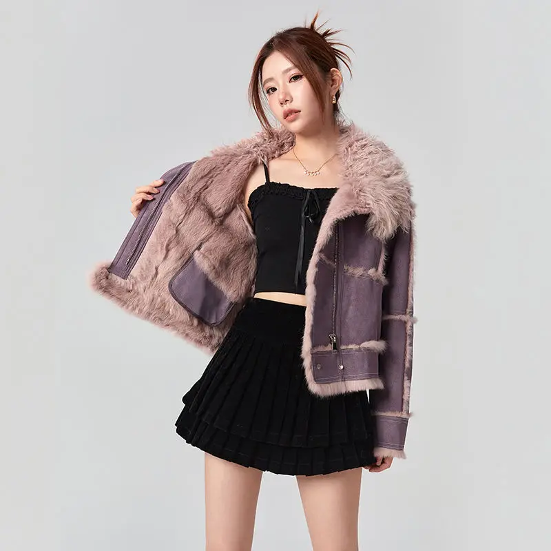 2024Spring And Autumn Short Style Fur Women\'s Sheepskin Jacket,Tanned Suede Fabric With 100%Natural Rabbit Lining,Luxury Fashion