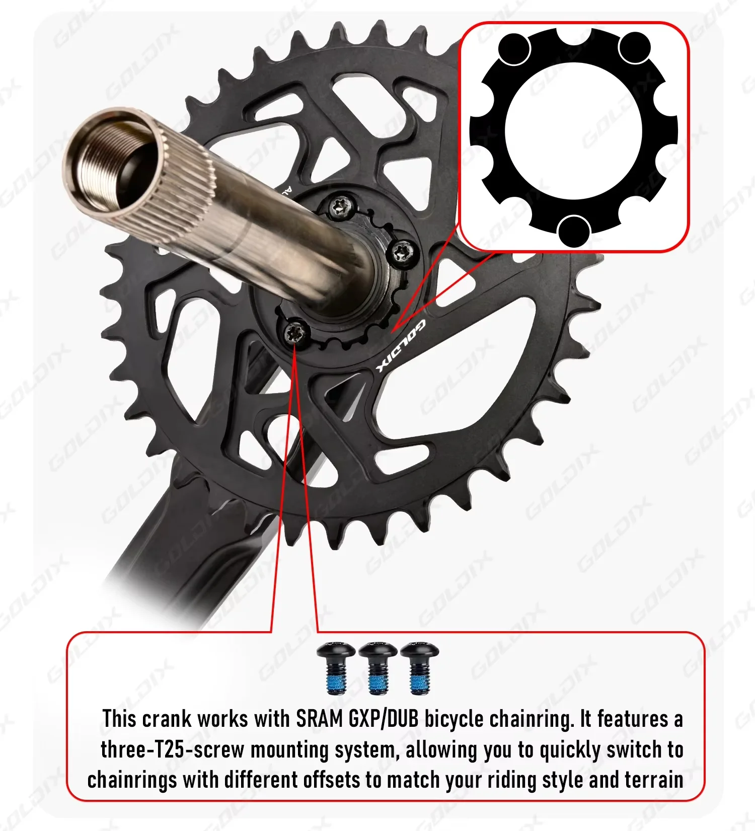GOLDIX Mountainbike-Kurbelketten-Radsatz, fest mit 3 Schrauben, Beinlänge 170 mm/175 mm, versetzt 3 Grad, 30 Zähne, 34 Zähne, 36 Zähne, 38 Zähne – Detail 7