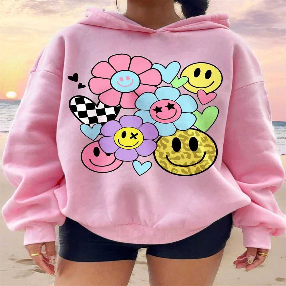 Girls' Casual Simple Flower Pattern Loose Hooded Sweatshirt Suitable For Autumn And Winter Dates  Suitable For Various Occasions