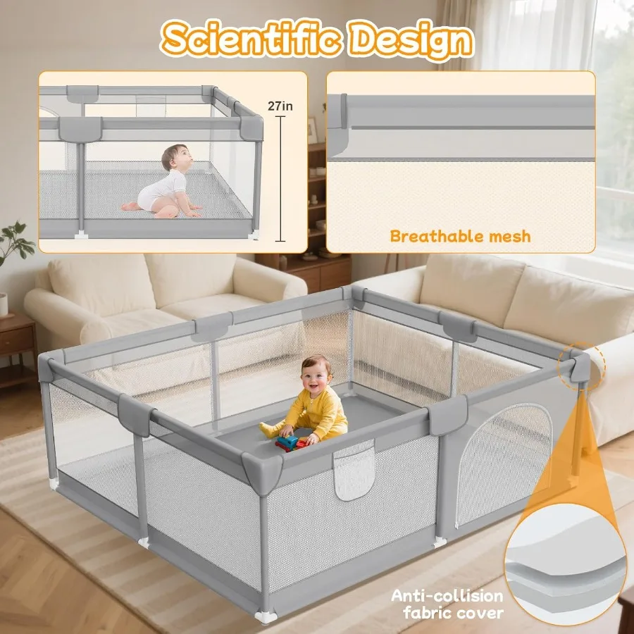 Cercadinho grande para bebês de 74 "x 50" - Cercadinho para bebês e crianças com malha respirável e 2 alças - Lei de segurança para cercadinho de bebê