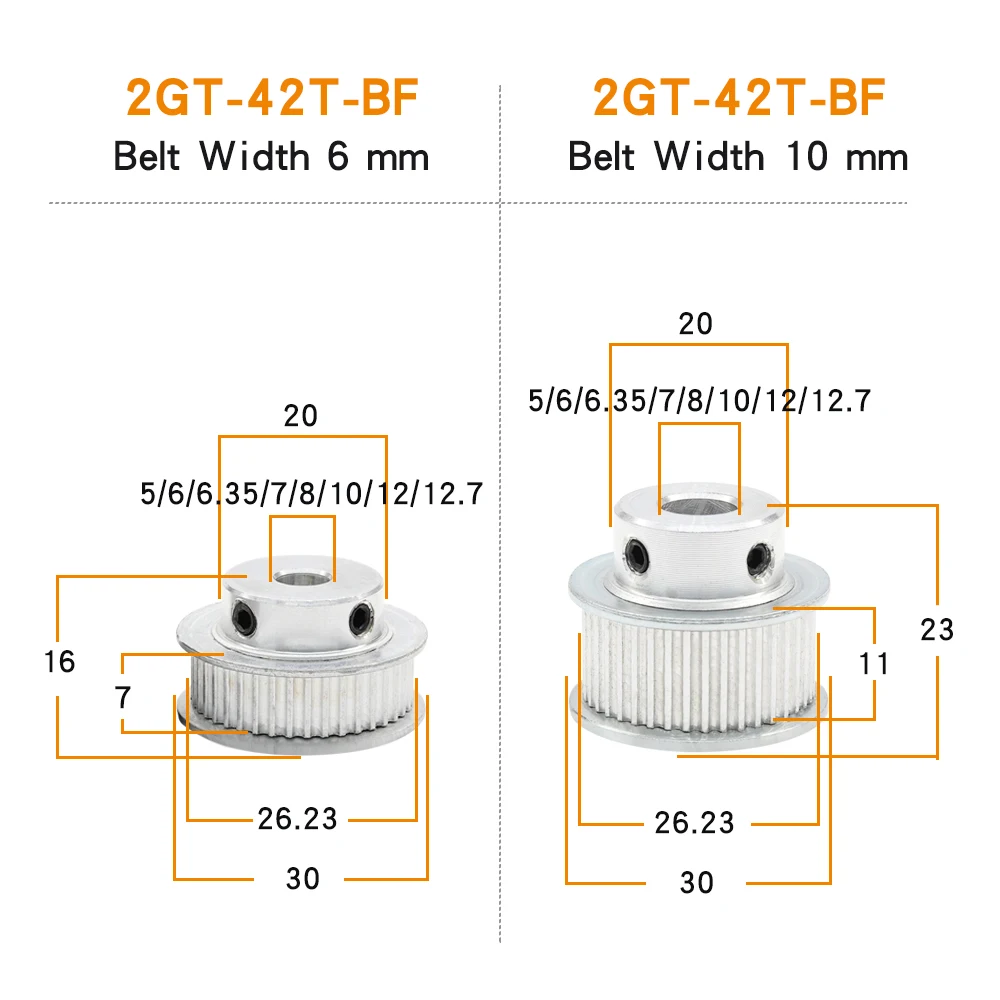 2GT-42T Timing Pulley Bore 5/6/6.35/7/8/10/12/12.7 mm Aluminum Motor Pulley Teeth Pitch 2 mm Belt Width 6/10 mm For 3D Printers