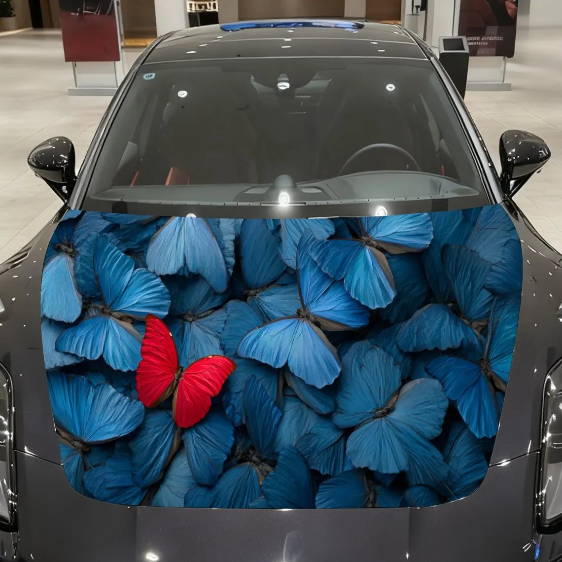 

Blue Butterflies Surrounding Red Butterfly Car Vinyl Wrap, PVC Material Waterproof Car Hood Sticker, Self-Adhesive Scratch-Resis