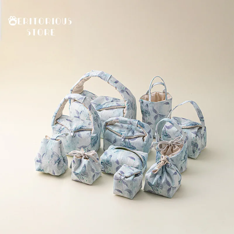 Brocade Blue Butterfly Tea Ceremony Bag Various Tea Cozy Handmad Embroidery Cup Storage Travel Camping Tea Bag Portable Handbag