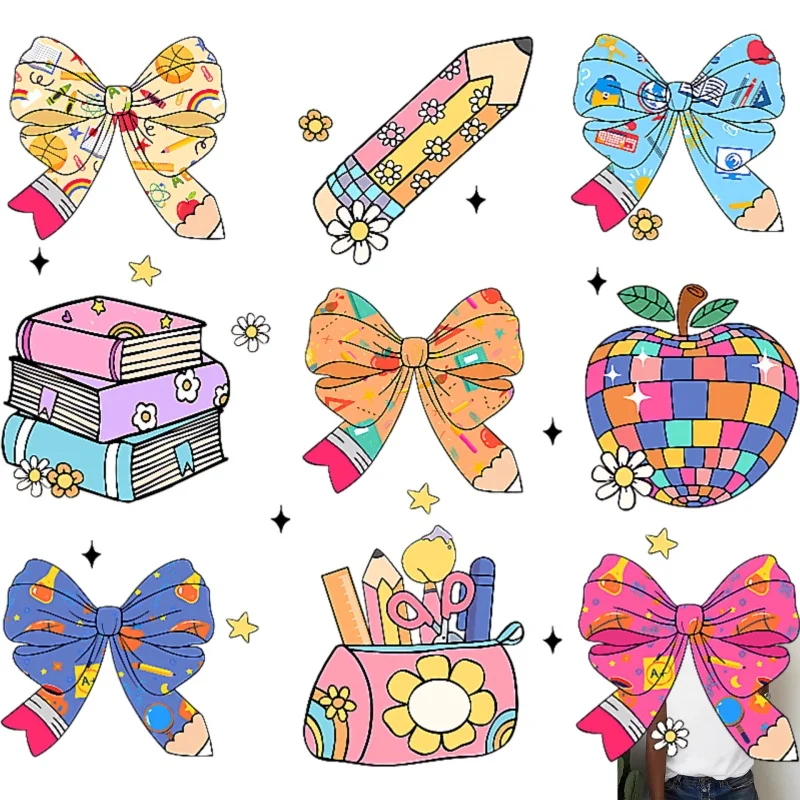 Cute School - Style Bow Heat - Transfer White Ink Iron - on Stickers, Pencil/Book/Apple Patterns, Suitable for T - shirts,