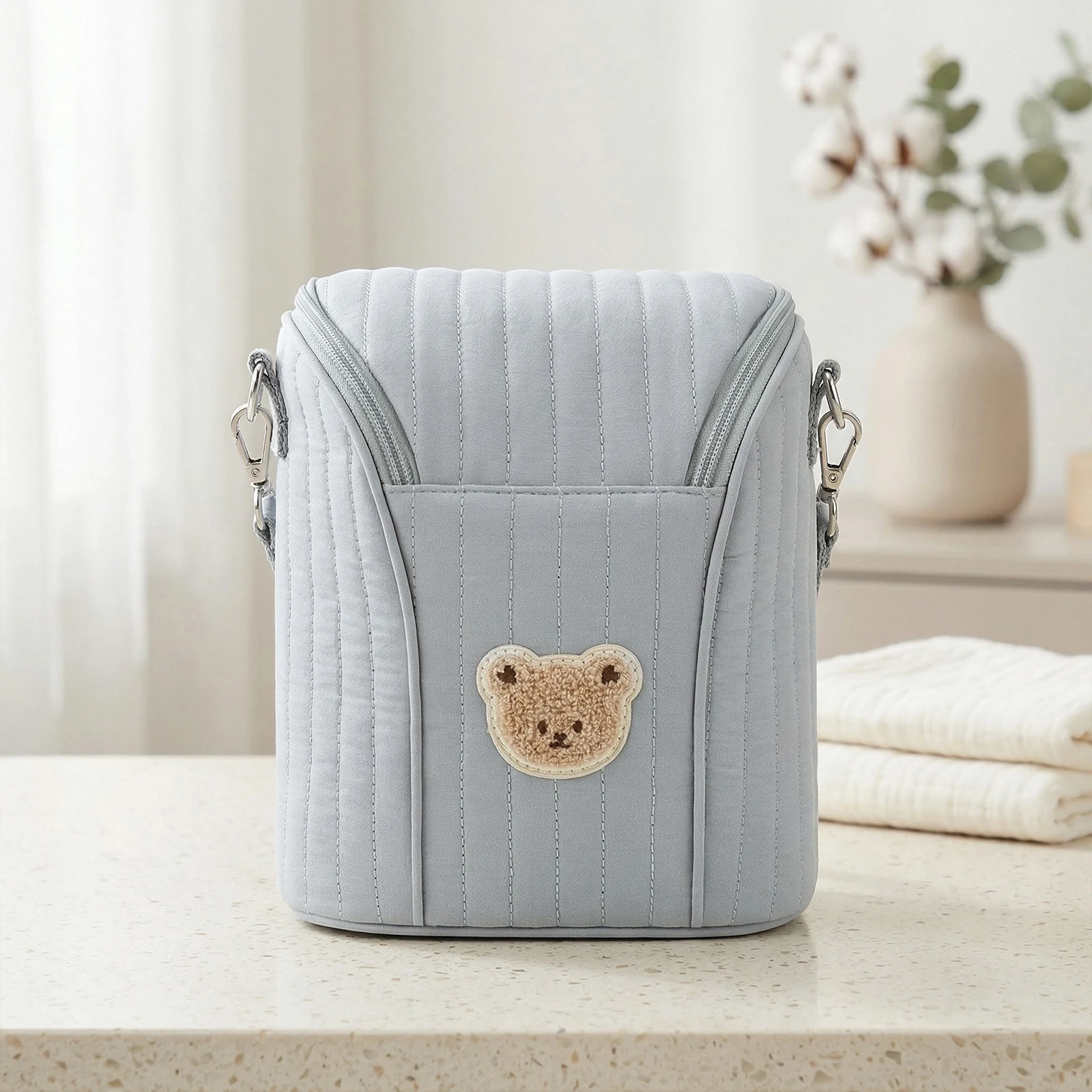 Cute Bear Baby Bottle Cooler Bag Reusable Portable Breast Pump Storage Bag with Removable Buckle for Mom Dad Diaper Stroller