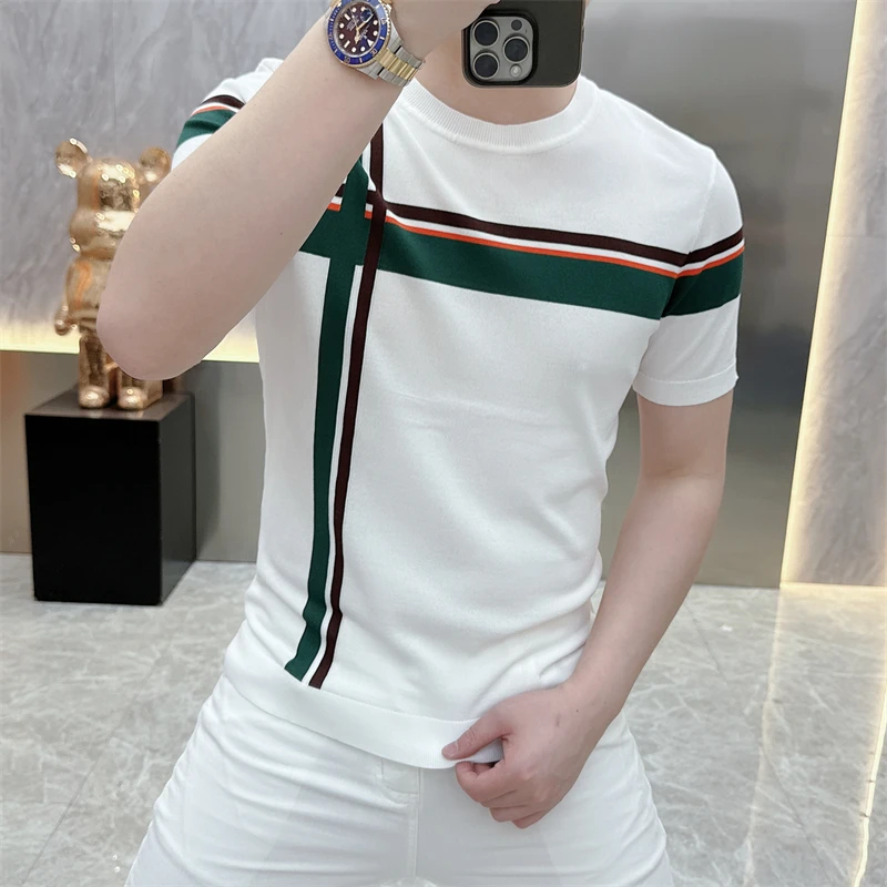 2024 Summer Stripe Knitted T-shirt Men Slim Fit Short Sleeve T-shirt Versatile Round Neck Ice Silk Casual Business Tee M-4XL