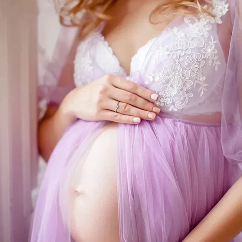 Tulle Maternity Maxi Dresses Photography Props Pregnancy Front Split See Through Gowns Robe for Photoshoot Pregnant Women Photo