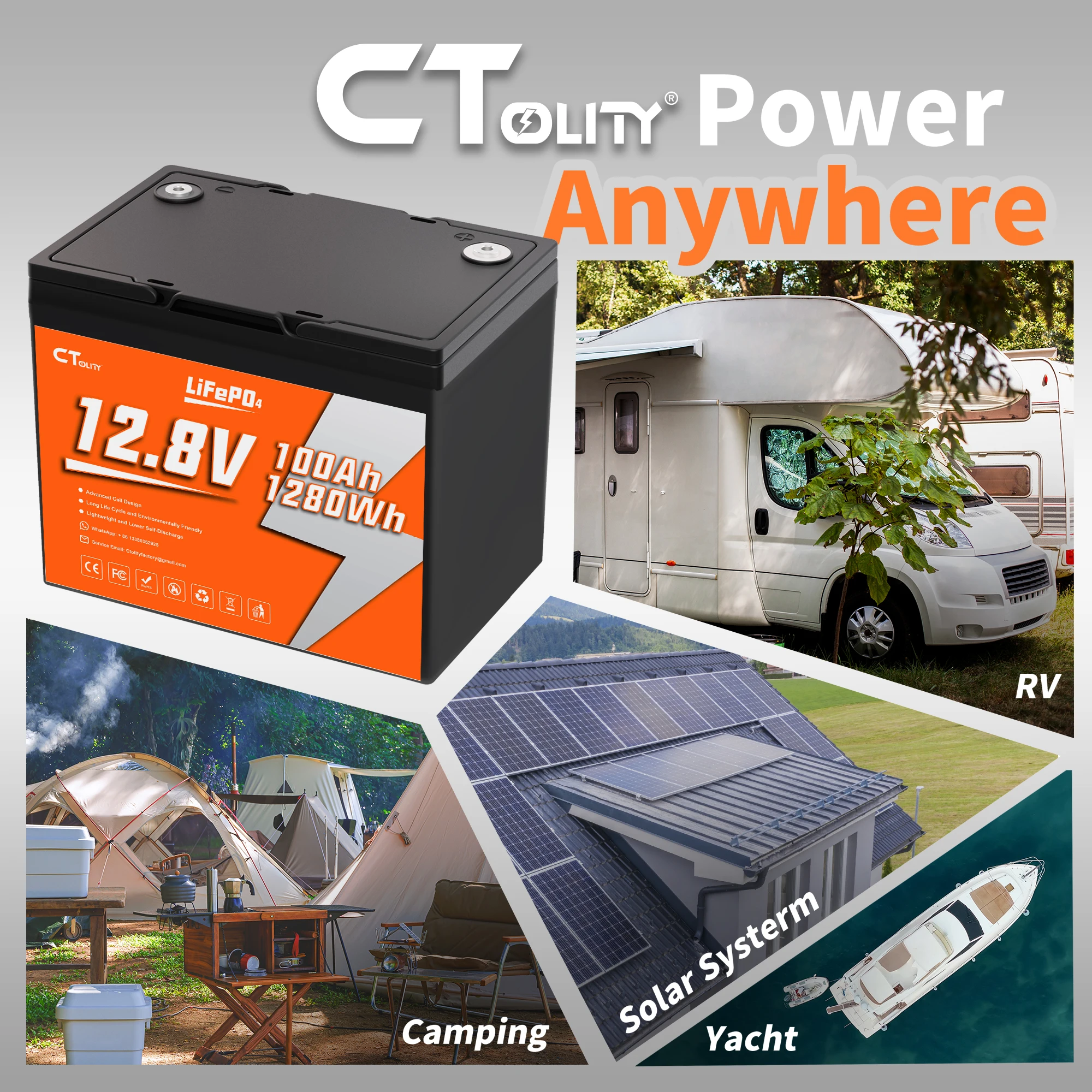 CTOLITY CT100-12 100000mAh 1280Wh 12.8V محطة طاقة محمولة مع بطارية تخزين الطاقة الشمسية الكهروضوئية للسياحة RVs #6