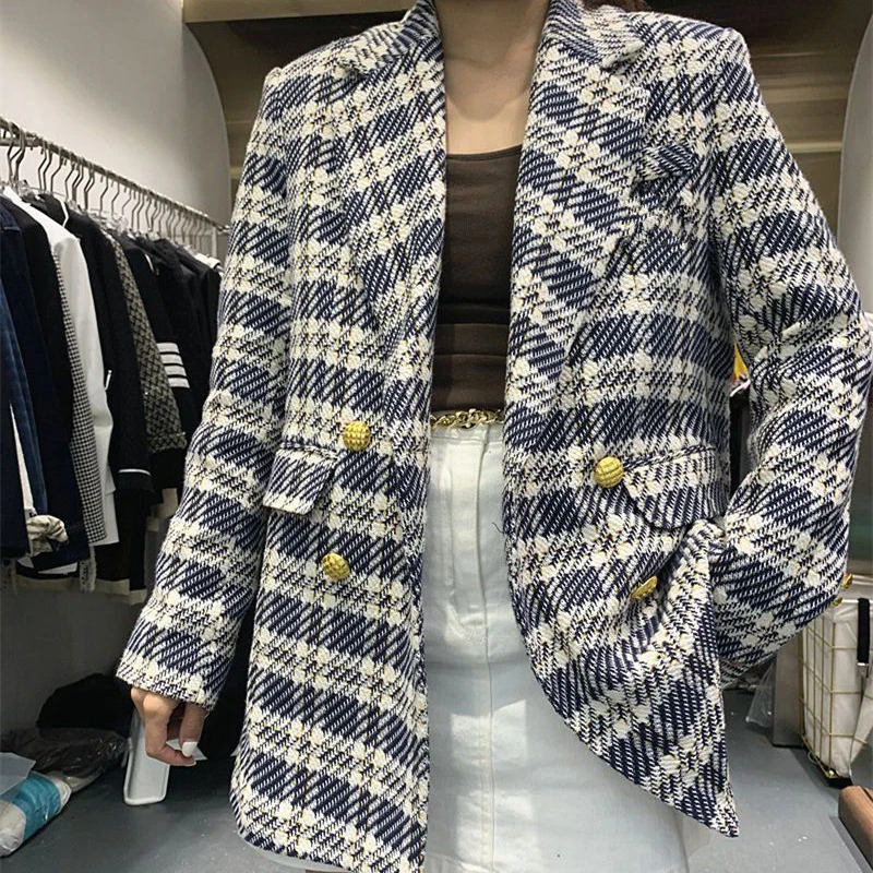 Tweed blazer scozzese Slim in lana completo Chaquetas Vintage coreano formale doppio petto giacche Casual donna nuova moda Vestes