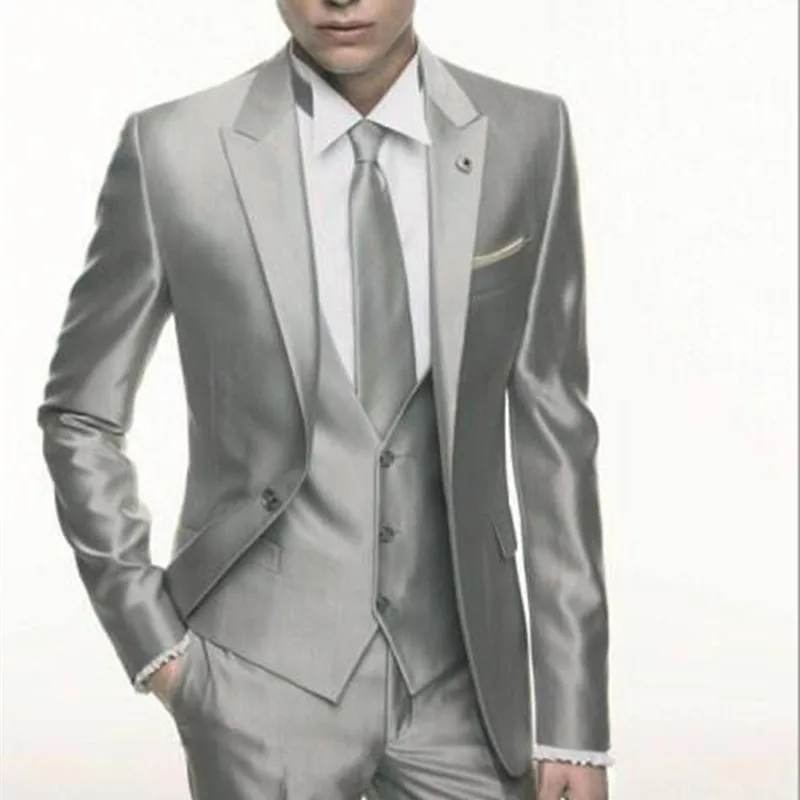 

Silver Grey Satin Wedding Men Suits Slim Set Formal Skinny Stylish Male Blazer Party Custom Tuxedo 3 Piece Vestidos Suit for Men
