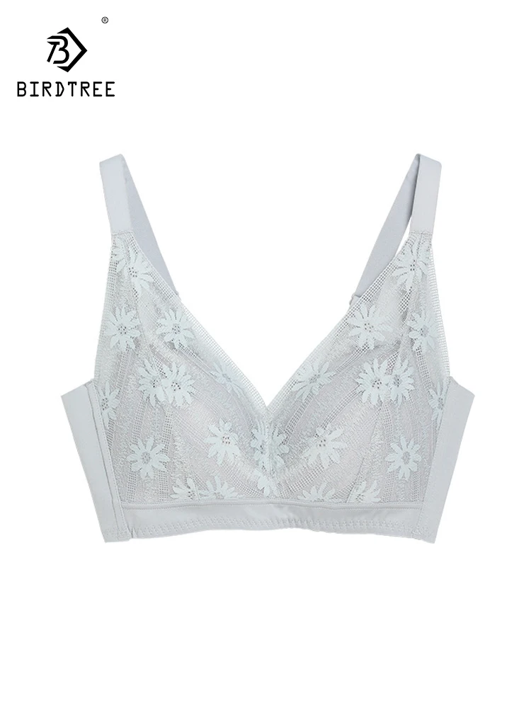 

BirdTree,Lining 100%Real Silk Sexy Bra, Women Wireless Large Chest, Thin French Lace Comfortable Underwear, 2024 Summer P45577QC