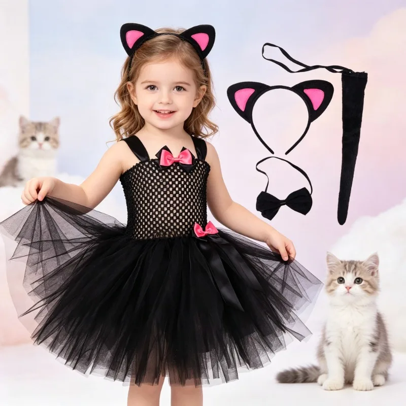 Cute black cartoon tulle ruffle dress, suitable for Children's Day and stage performances,formal clothing for Halloween