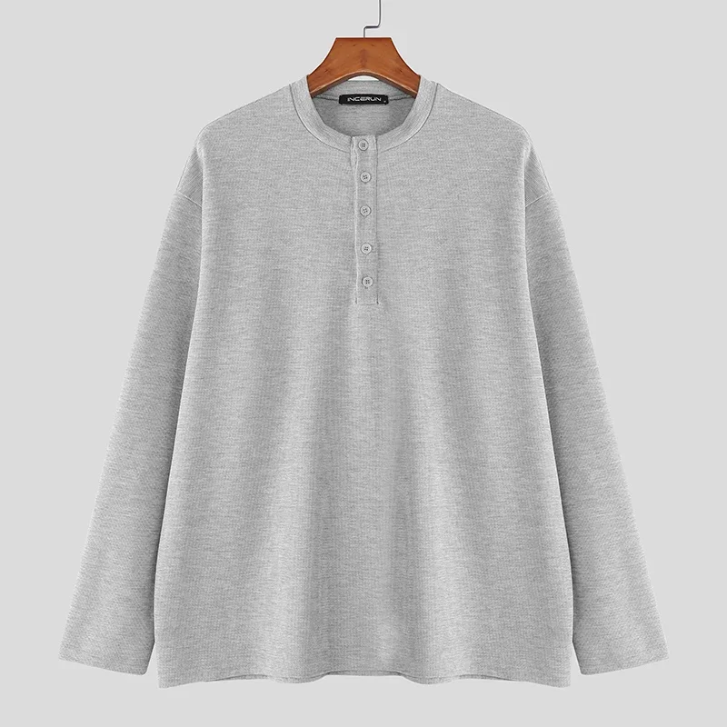 

INCERUN Мужская футболка однотонная с круглым вырезом и длинным рукавом повседневные мужские футболки уличная одежда свободные корейский стиль 2025 модная мужская одежда