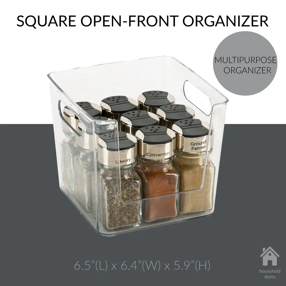 صندوق منظم للتخزين مربع مفتوح من الأمام، حامل شفاف متعدد الأغراض، المطبخ، الحمام، المكتب، سهل الوصول مع مقابض