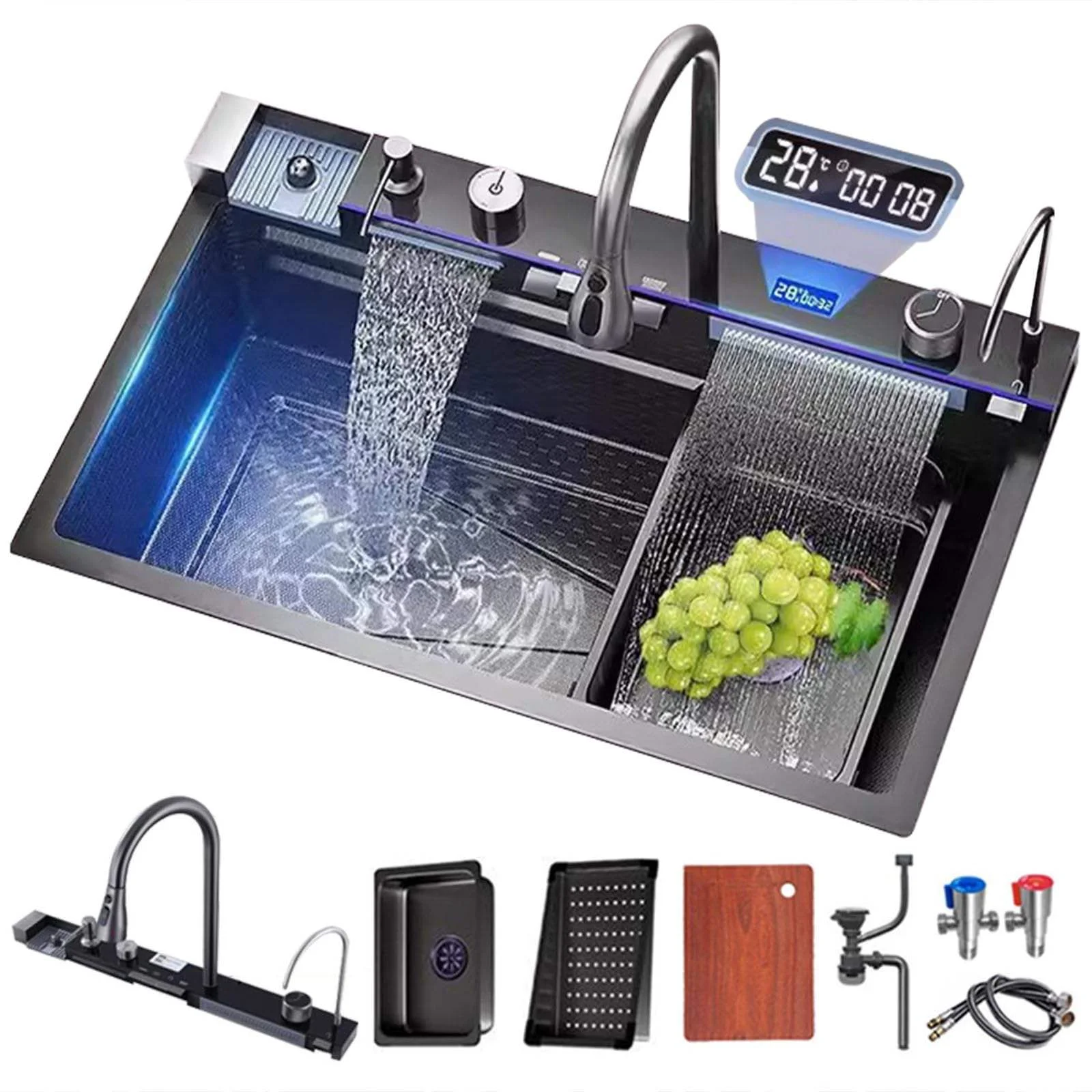 

Modern High-Quality Black Stainless Steel Single-Bowl Kitchen Sink — Featuring Waterfall Spout and Smart LED Digital Display