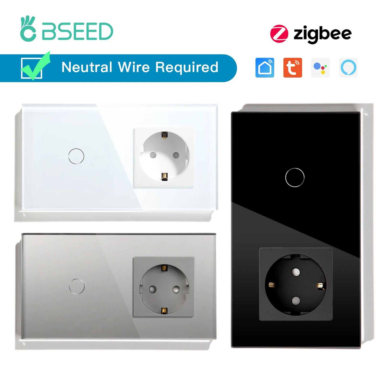 

Bseed New Zigbee Compatible Touch Switch 1 Gang EU Standard Normal Socket With 3 Color Crystal Glass Panel Home Improvement