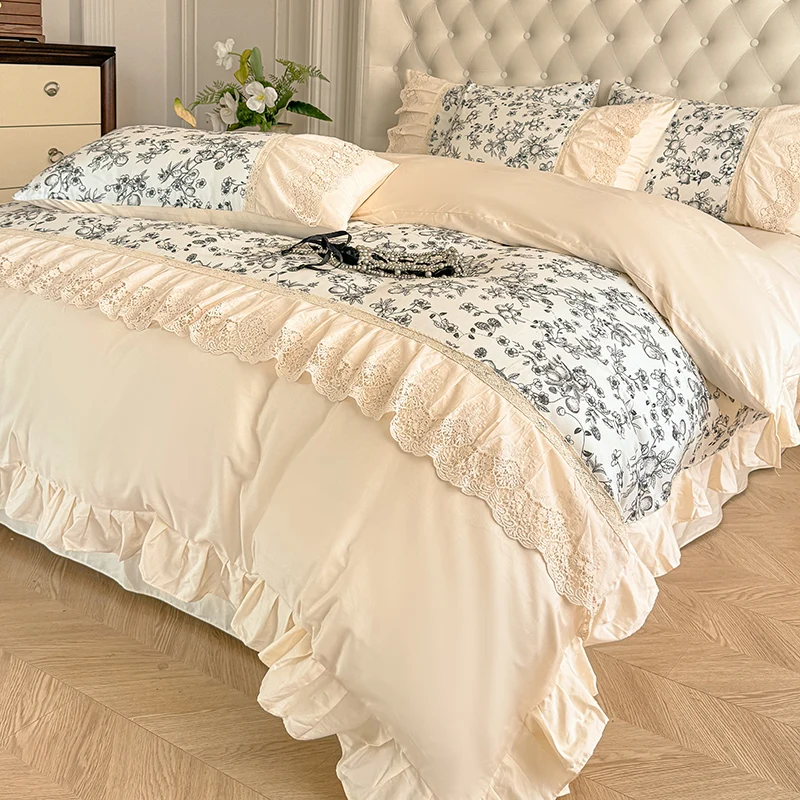 4pcs French Vintage Style Solid Color Pastoral Flower Openwork Lace Duvet Cover 200x230 220x240 Bed Skirt Bedding Four Seasons
