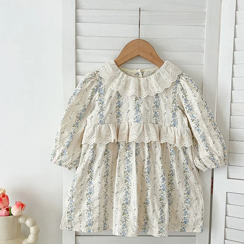 Toddler Princess Girl Dress 1-6Yrs Girls Lace Clothing Lace Blue Flowers Baby Long Sleeve Dress Infant Girl Clothes Kids Outfits