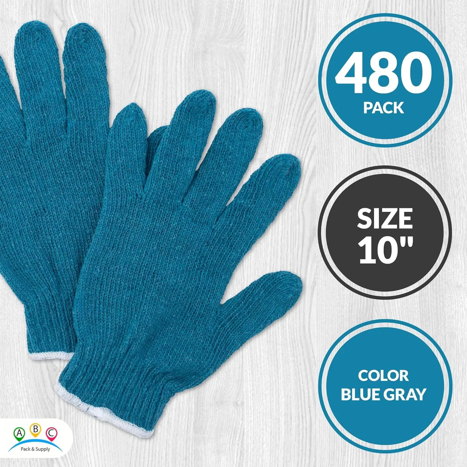 Guantes de punto azul y gris, 10 ", talla L Guantes de trabajo de algodón reutilizables para hombres y mujeres, paquete de 480, 10 Oz, transpirables, Wo