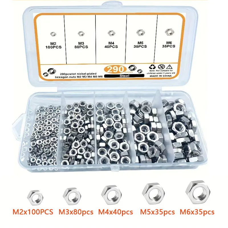 290pcs M2 M3 M4 M5 M6 nickel plated hexagonal bolts and nuts, suitable for fields such as cars, trucks, bicycles, engineering