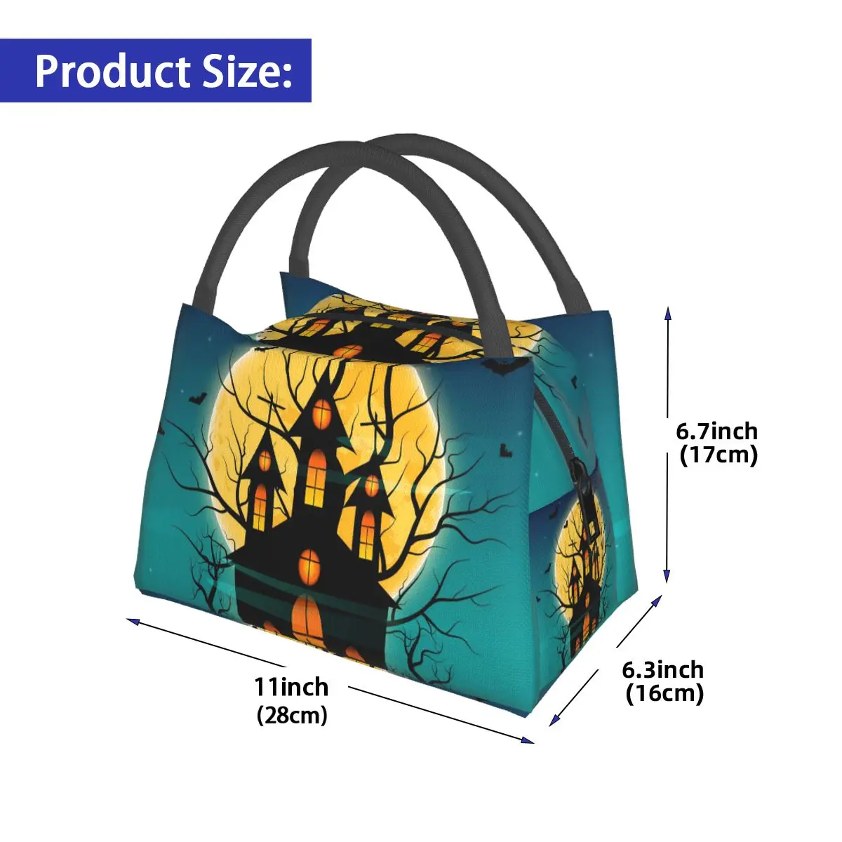 Halloween Night Haunted Mansion Lunch Bag Pumpkin Haunted House Portable Insulated Lunch Box Office Graphic Design Cooler Bag