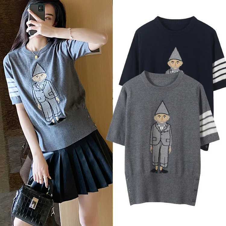 

Весенне-летний вязаный свитер Thombraden с коротким рукавом, повседневная универсальная базовая рубашка с узором «Маленький старик», шерстяная смесь