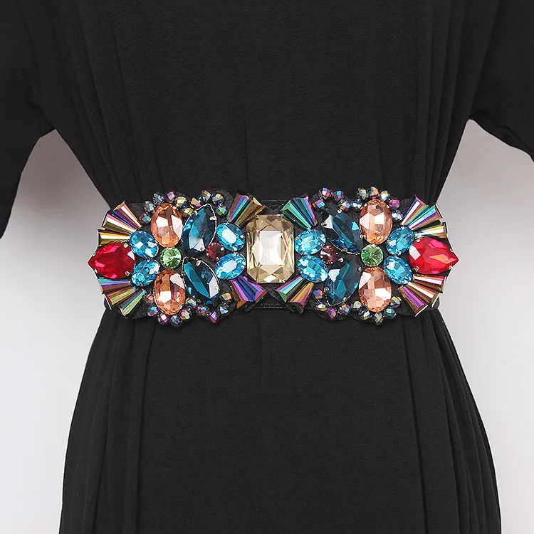 Women's Fashion Blingbling Rhinestone Inlaid Beaded Cummerbunds Female Dress Corsets Elastic Waistband Decoration Wide Belts
