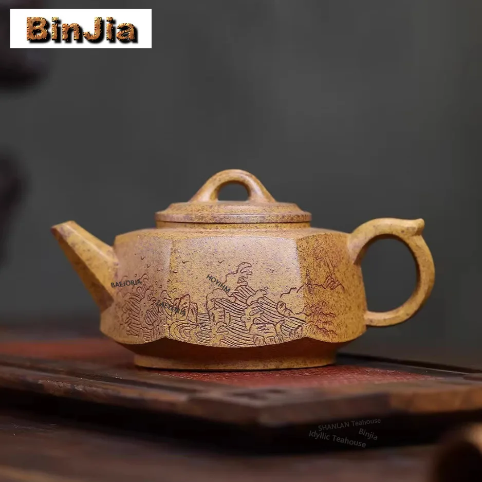280ml Elegant Yixing Purple Clay Teapots Handmade Hexagonal Wellrail Pot Raw Ore Dragon Bone Gold Sand Mud Kettle Zisha Tea Set