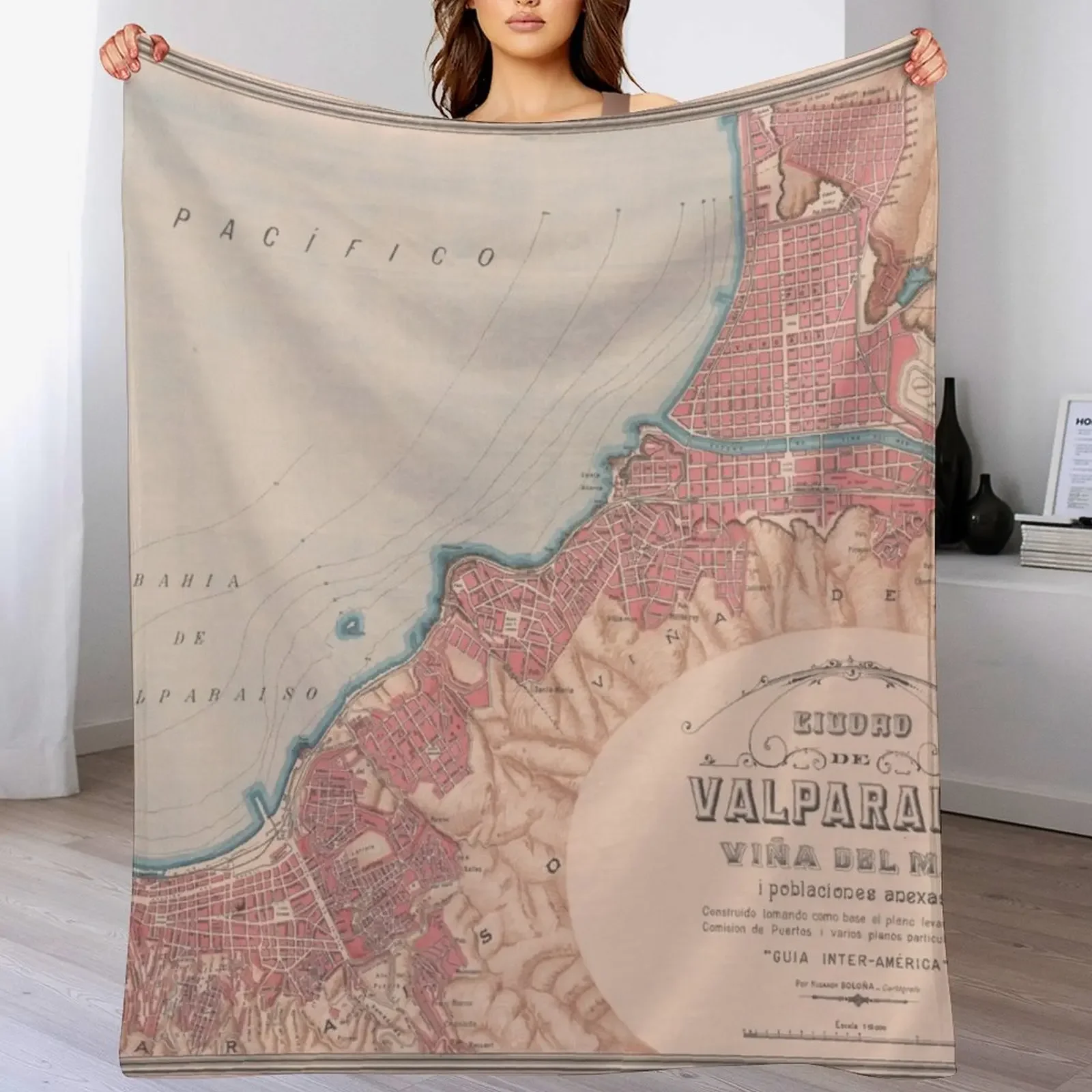 Vintage Map of Valparaiso Chile (1895) Throw Blanket For Decorative Sofa bed plaid Vintage Blankets