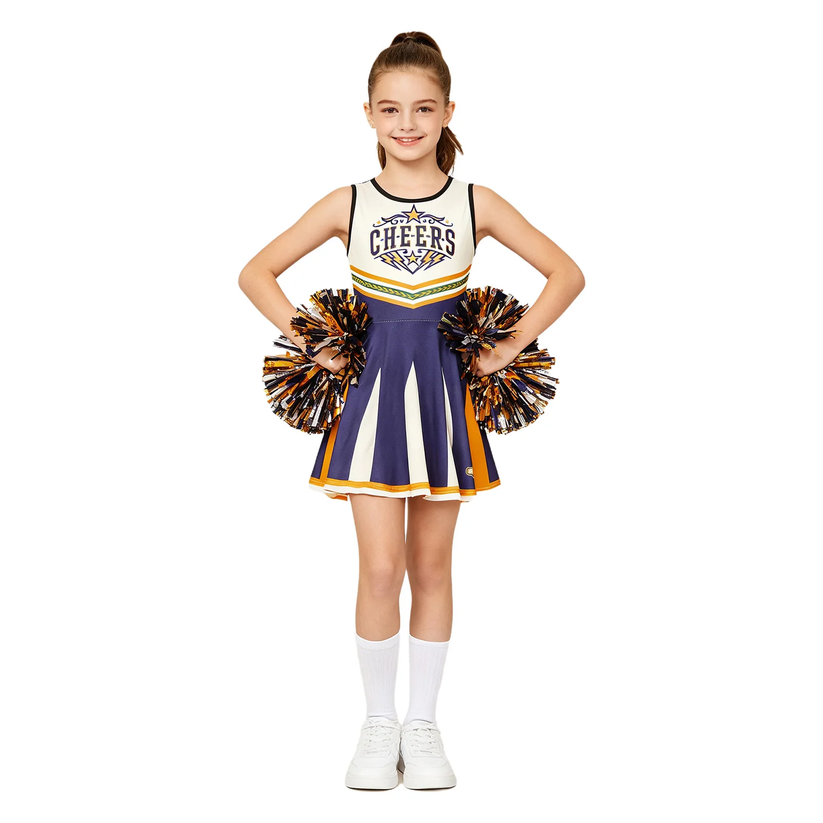 Kids Girls Students Cheerleading Dance Uniform Cheerleader Cosplay Costume Sleeveless Color Block Printed Dress Stage Dancewear