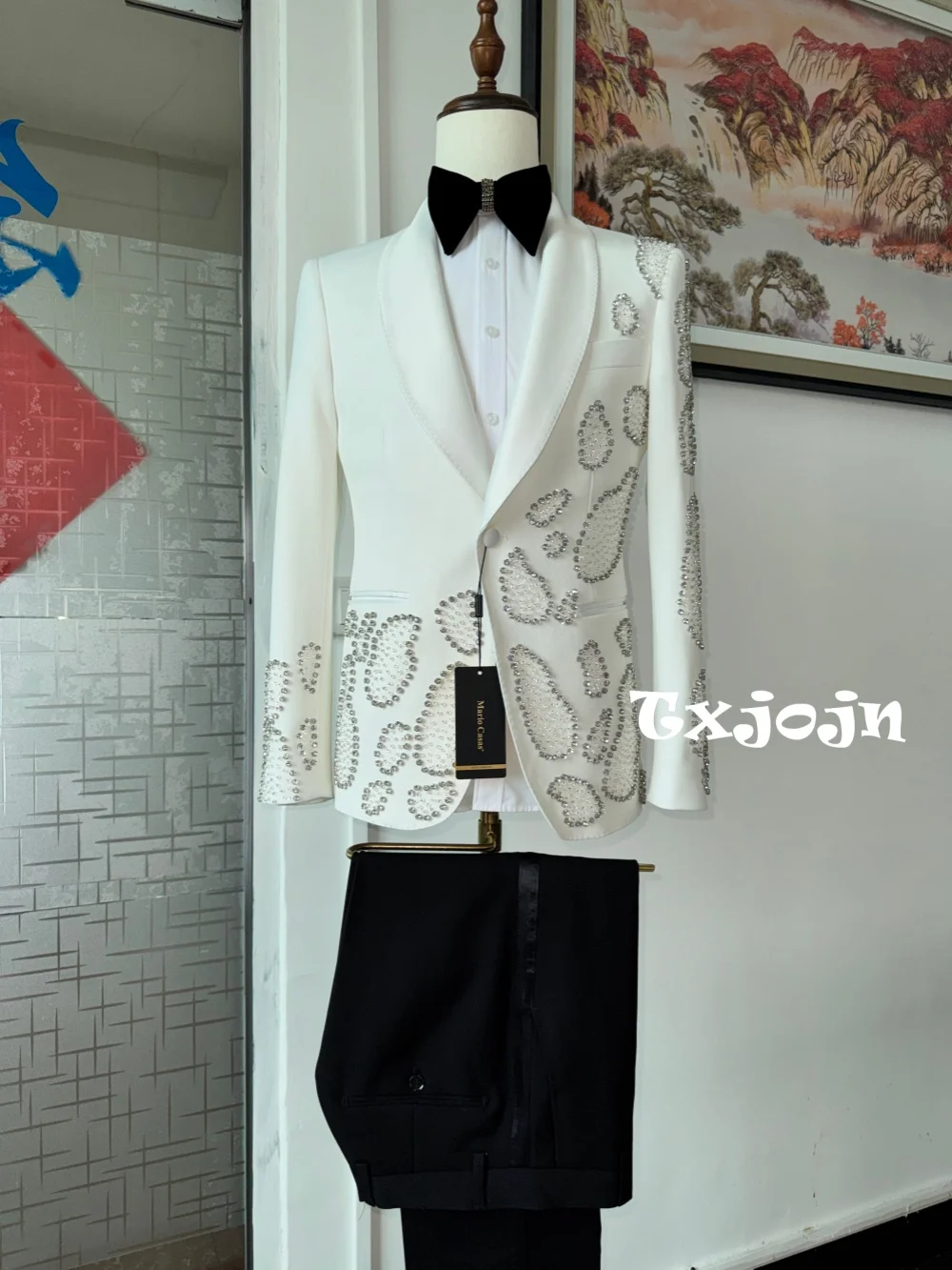 White Luxurious Beaded Man Suit Set 2 Pieces Wedding Party Wear Handsome Shawl Lapel Men's Formal Suits Banquet Party Wear