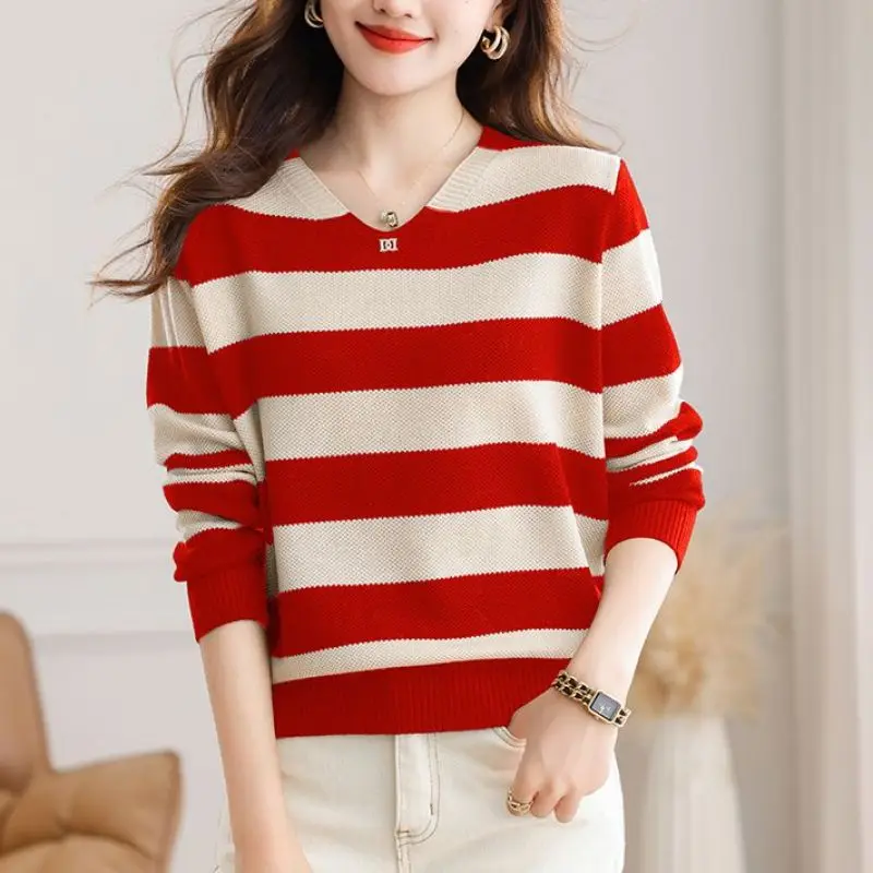 Autumn Winter Crew Neck Women's Clothing Pullover Striped Lantern Long Sleeve Screw Thread Sweater Knitted Casual Elegant Tops