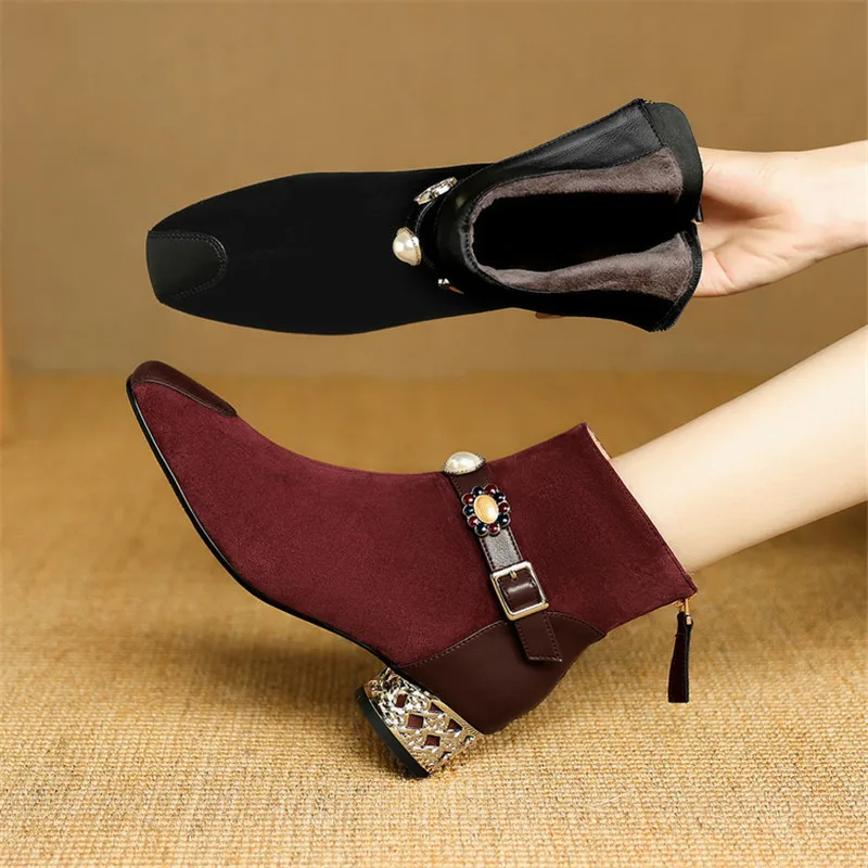 

New Autumn/winter Sheep Suede Women Boot Square Toe Shoes for Women Fashion Boots Buckle Mid Heels Short Boots Zip Black Boots