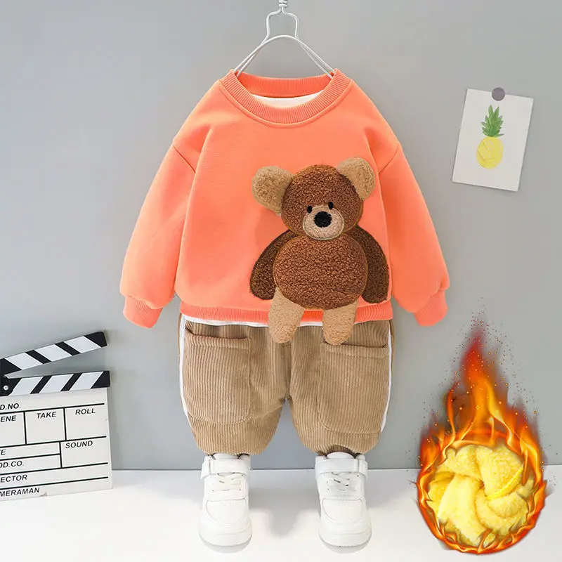 Baby boy clothes autumn winter plus velvet warm thickening suit boys and girls cartoon bear sweater + corduroy pants baby 2pcs