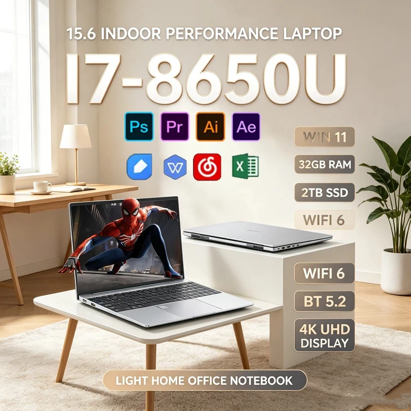 

15.6" 120Hz FHD Slim Laptop I7-8650U 32GB 2TB SSD, WiFi6 BT5.2, Backlit Keyboard, Portable Notebook for Business & Entertainment