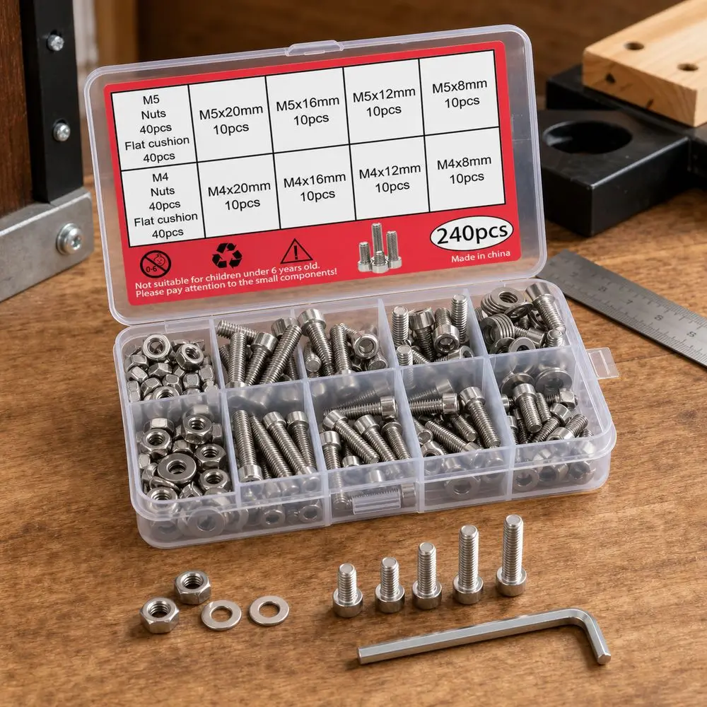 240pcs Stainless Steel Stainless Steel Bolt Set Corrosion Resistant Flat Washers Nut And Bolt Set Hex Wrench Included Head