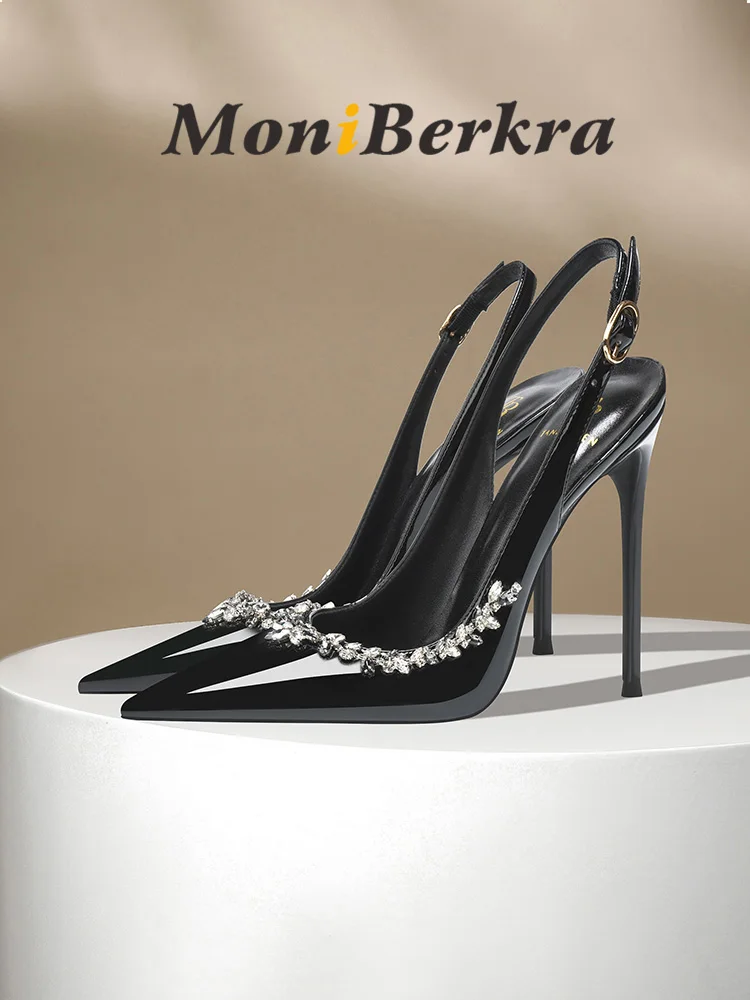 

2025 Spring and Summer New Water Diamond High Heels for Women, Thin Heels, Sexy Lacquer Leather One Belt Headband Sandals